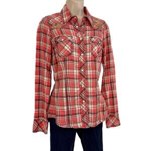 Y2k True Religion Fresh Peach Plaid Button Down Shirt Western Styling Gold Logo